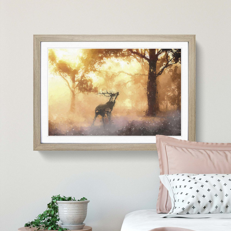 Deer Stag in an Autumn Forest in Abstract - Picture Frame Painting Print, Oak Framed, 62cm H x 87cm W x 2cm D