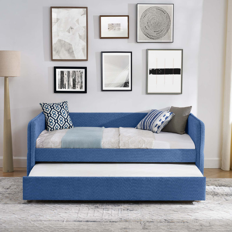 Lit de jour élégant avec couchette escamotable et revêtement Boucle, Bleu