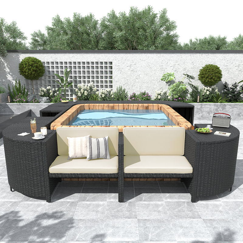 Ensemble de canapés modulaires en rotin pour l'extérieur avec cadre mini spa, sièges en bois et espaces de rangement, beige
