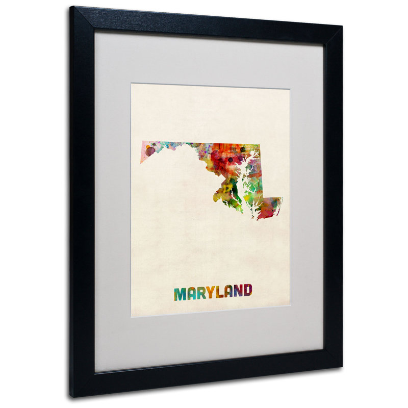 « maryland map » par michael thompsett, impression encadrée, H 20 po x l 16 po x P 0,5 po, Noir