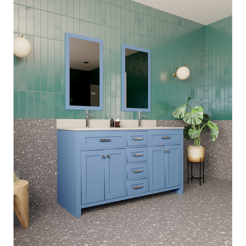 Ensemble de meuble-lavabo double 59 po avec miroir Christhilde, Bleu