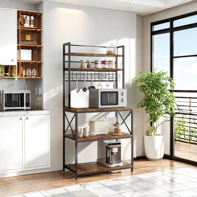 Kitchen Bakers Rack, Microwave Oven Stand With 6 Hooks, Kitchen Island With Storage