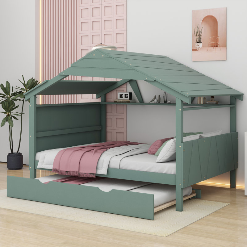 Lit gigogne en bois avec rangement Jaylyn, Lit simple, Vert