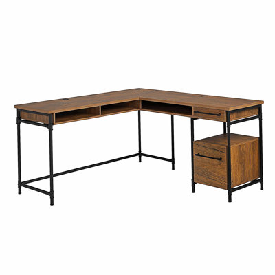 L-Shaped Desk with 1-Inch Thick Desktop, Brown finish