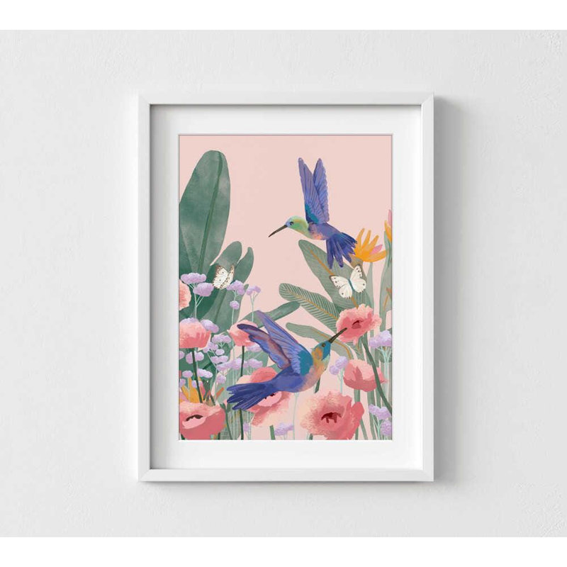 Illustration colorée d'oiseaux et de fleurs - Art mural jardin de colibris, H 24 po x l 18 po, Blanc