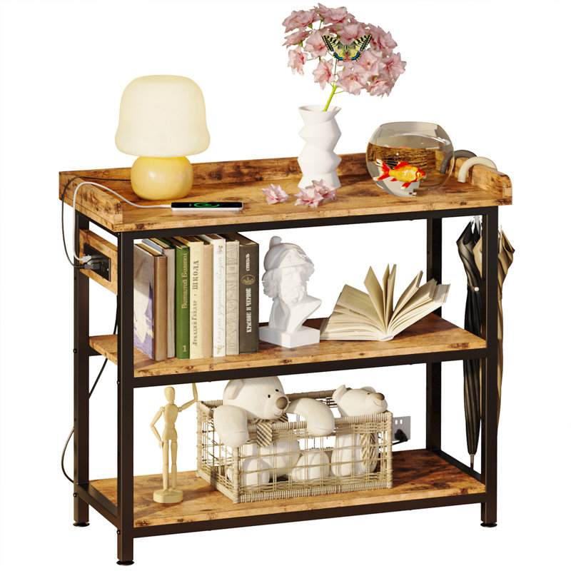 Console Table with Power Outlets, 33" H x 31.5 "W  x 13.8" D, Rustic Brown