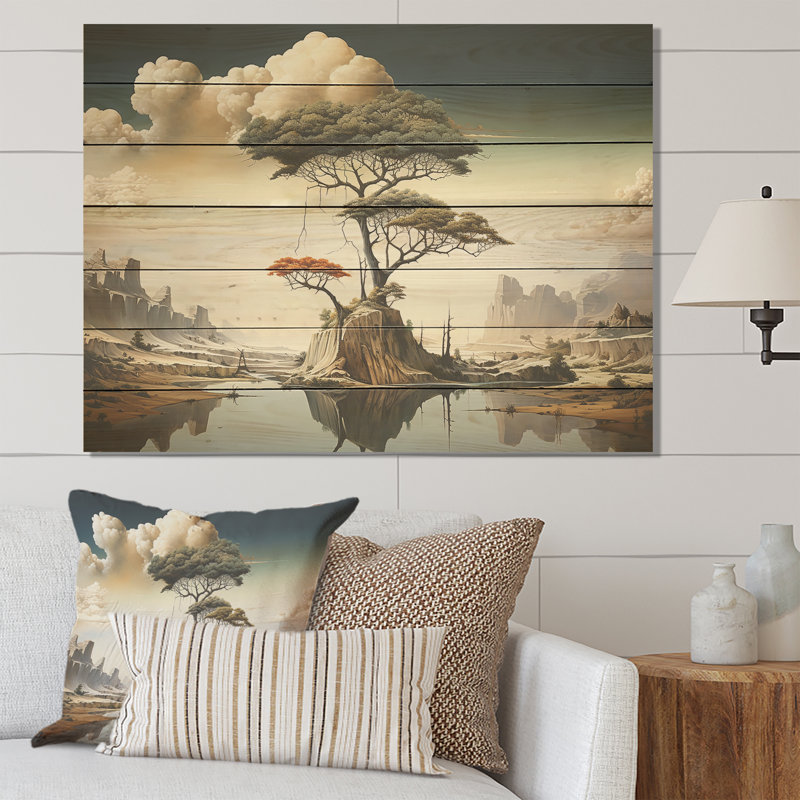 Paysage de surréalisme I - paysage abstrait sur bois, H 10 po x l 20 po