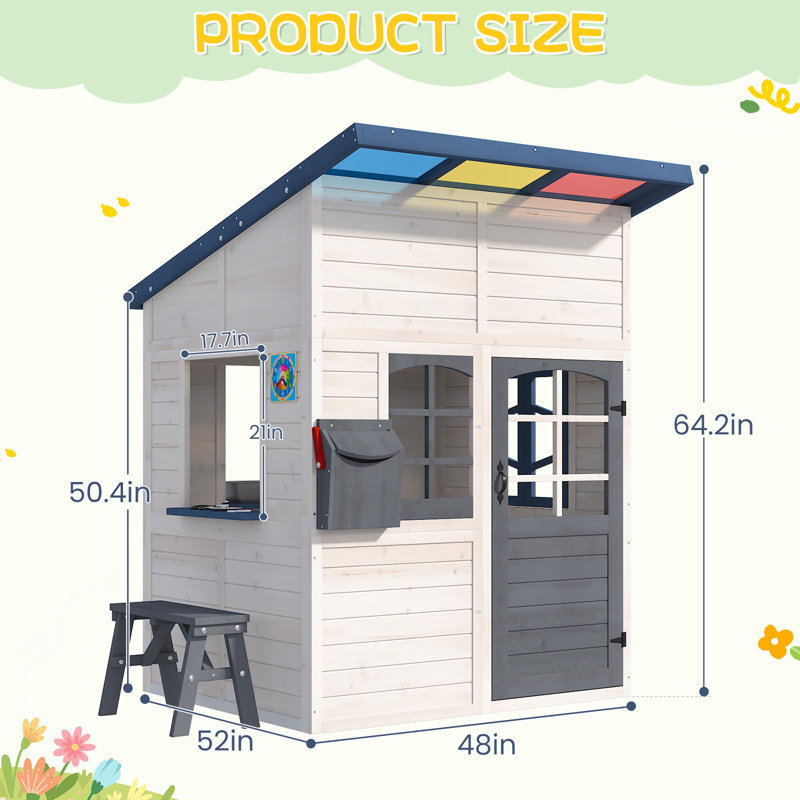 Kids Playhouse, Solid Wood Sloped Roof Playhouse With Colorful Acrylic Roof, Side Window, Bench & Kitchen Playset