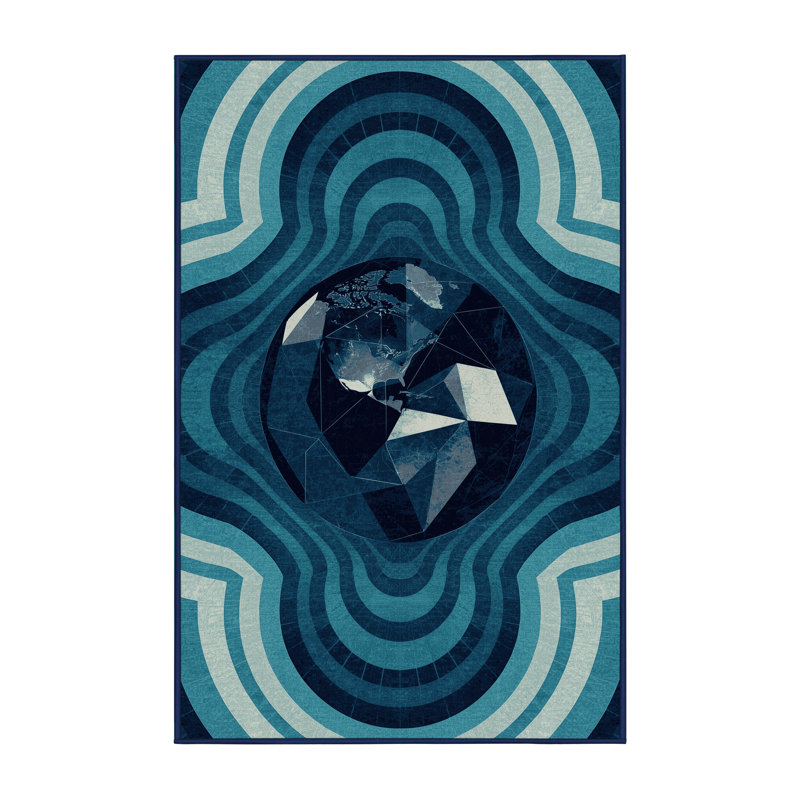 Machine Washable Orlena Global Inspired Geometric Rug in Blue – Navy Binding, 2 x 3
