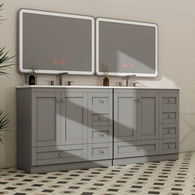 Armoire de salle de bain 72 po de style Shaker avec lavabo en céramique, tiroirs à fermeture en douceur et portes à fermeture en douceur