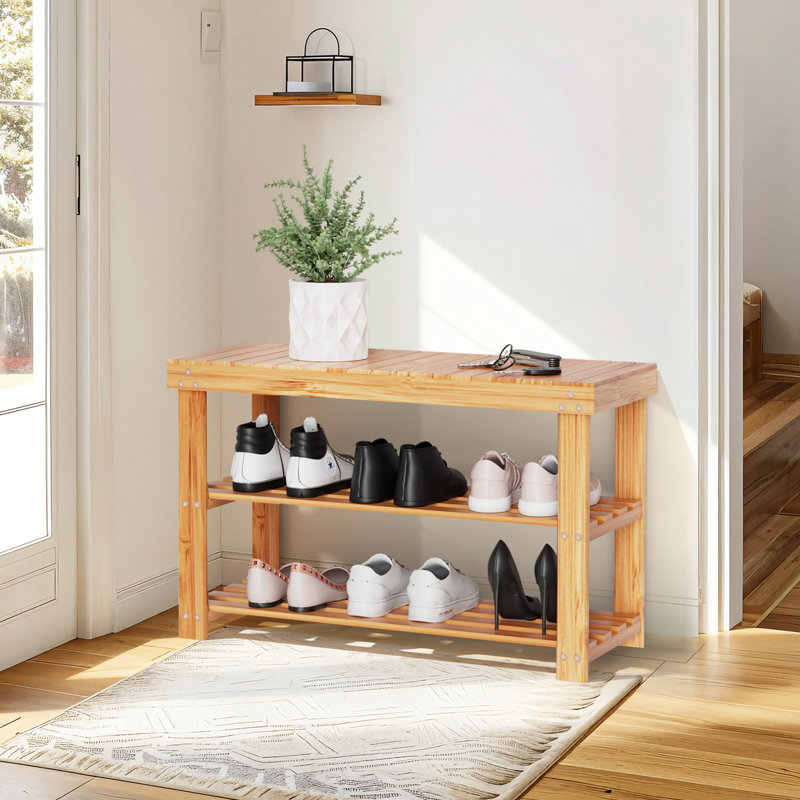 3-Tier Bamboo Shoe Storage Bench, Entryway Shoe Rack Organizer with Sturdy Frame, Space-Saving Shoe Shelf for 9-12 Pairs