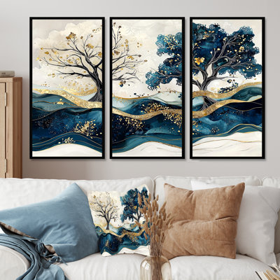 «Blue and White Modern Blossom Tree IV», ensemble de reproduction d'art mural cerisier en fleurs