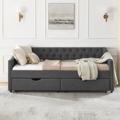 Upholstered Tufted Daybed | Velvet Button - Tufted Copper Nail - Trimmed Waved Arms & Drawers