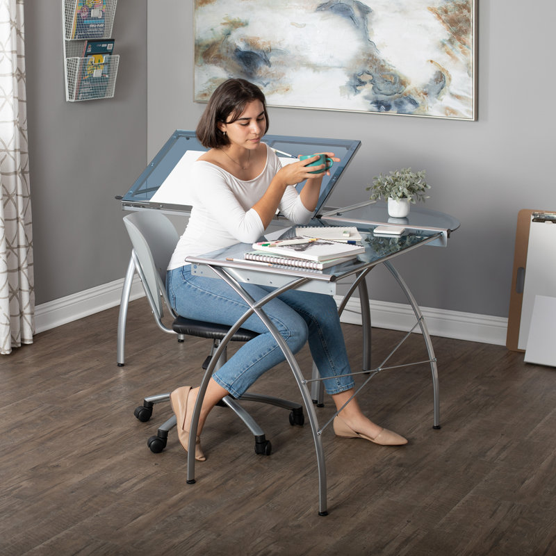 Courson L-Shaped Glass Top Drafting Table, Silver and Blue Glass