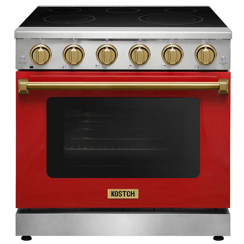 Cuisinière électrique professionnelle KOSTCH de 91 cm (36 po) avec surface de cuisson à 5 éléments chauffants, four à convection d'une capacité de 170 litres (6 pi³), four à surface en verre lisse rouge avec accents bronze