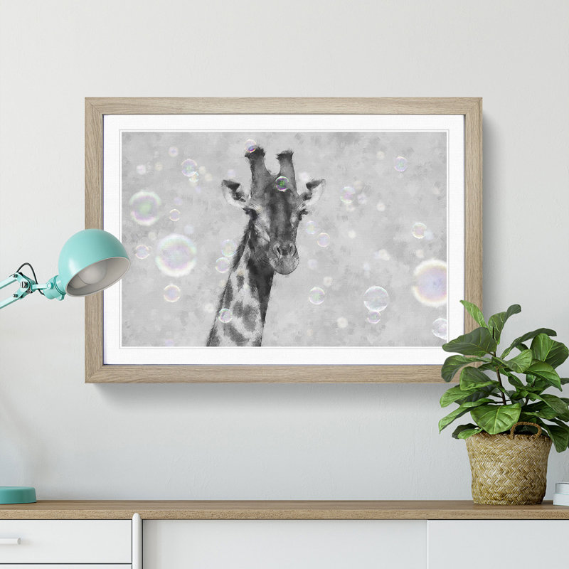 Giraffe Through The Bubbles - Single Picture Frame Painting on MDF, 62cm H x 87cm W x 2cm D, Oak Framed