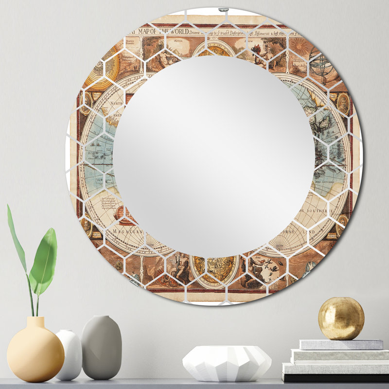Ancienne carte du monde antique - miroir mural rétro, 24 po x 24 po