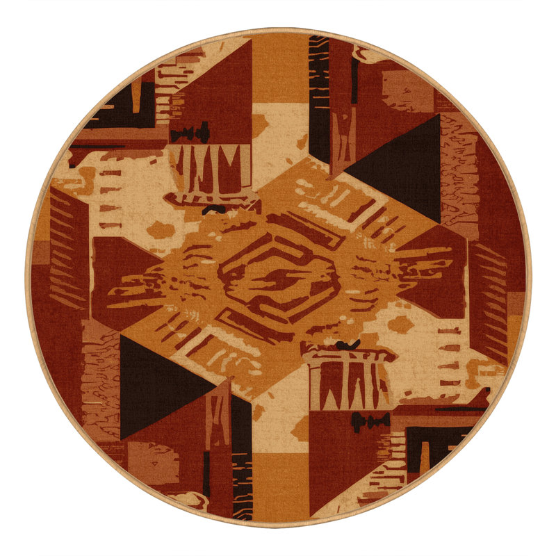 Machine Washable Paulett Global Inspired Block Print Rug in Brown – LightBrown Binding, 7' Round