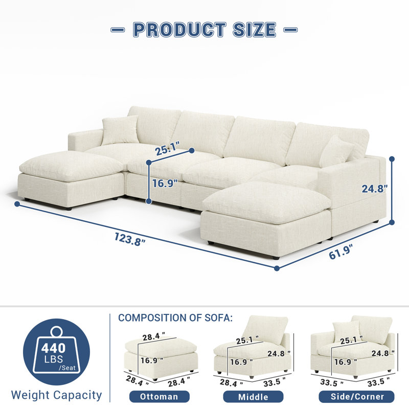 Cloud Couch Modular Sectional Sofa, Deep Seat Convertible Modular Couches For Living Room, Modern Comfy Down Filled Soft Cloud Sectional Sofa With Movable Ottoman