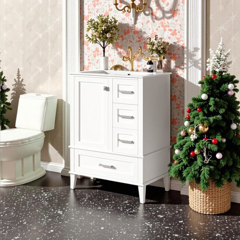 Ensemble de meuble-lavabo en bois massif 24,8 po avec porte en céramique et 3 tiroirs, Blanc