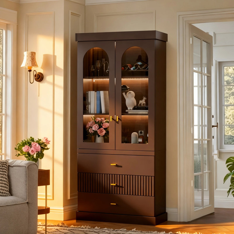 Elegant Wooden Display Cabinet With Glass Doors & Drawers, Storage Cabinet With LED Lighting, Large Capacity & Waterproof Finish