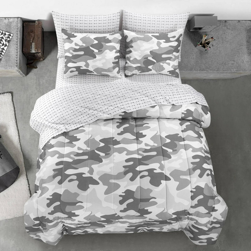 White/Gray Microfiber Comforter Set, Twin Comforter + 4 Additional Pieces