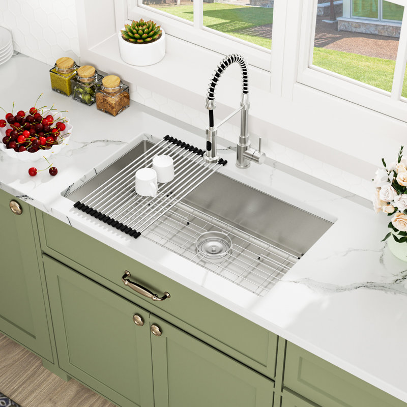 30" L x 18" W Undermount Single Bowl Stainless Steel Kitchen Sink with Basket Strainer, Brushed Nickel, 30" L x 18" W 