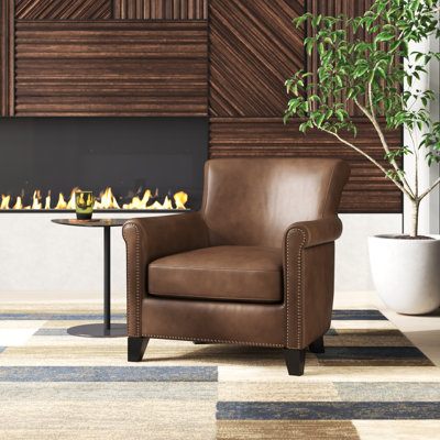 Rael 31.5"W Genuine Top-Grain Leather Accent Chair with Nailhead Trim and Espresso Wood Legs