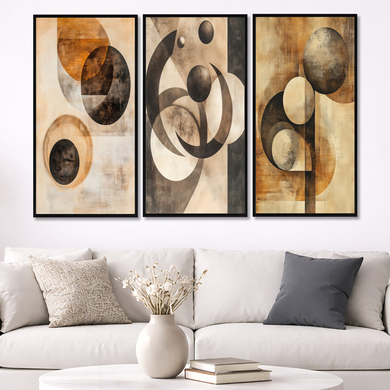 Orbiting Shapes in Sepia Space - Abstract Shapes, impression sur toile 3 pièces, 32" H x 48" W, Cadre flottant noir