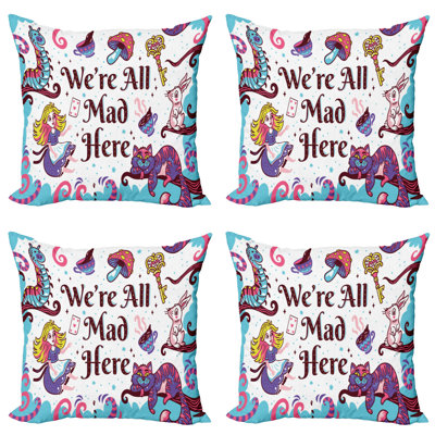Ambesonne Alice In Wonderland Throw Pillow Cushion Case Pack Of 4, We Are All Mad Here Words With Caterpillar White Rabbit Cheshire Cat, Modern Accent Double-Sided Digital Printing, 24", Multicolor