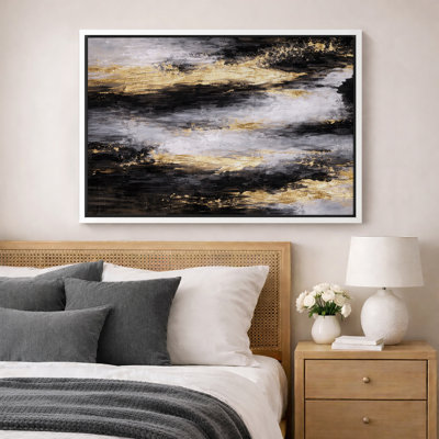 Œuvre d'art abstrait noir et doré, images de salon contemporain, impression sur toile encadrée