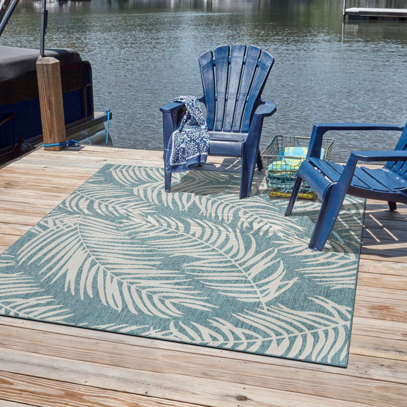 Pinion Floral Machine Woven Polypropylene Indoor / Outdoor Area Rug in Teal, Square 13'1"