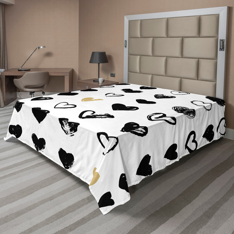 Drap plat Ambesonne Love Top petit cœur brun clair brun clair blanc, Drap plat pour très grand lit californien