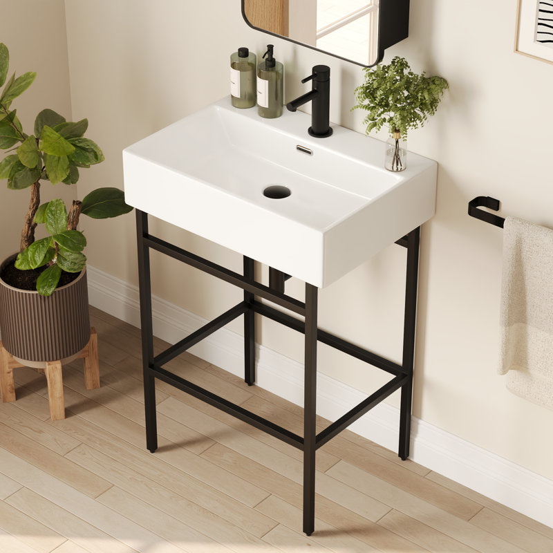 Lavabo de salle de bain console en céramique rectangulaire à trou unique 24 po avec trop-plein, Noir, noir, noir, noir