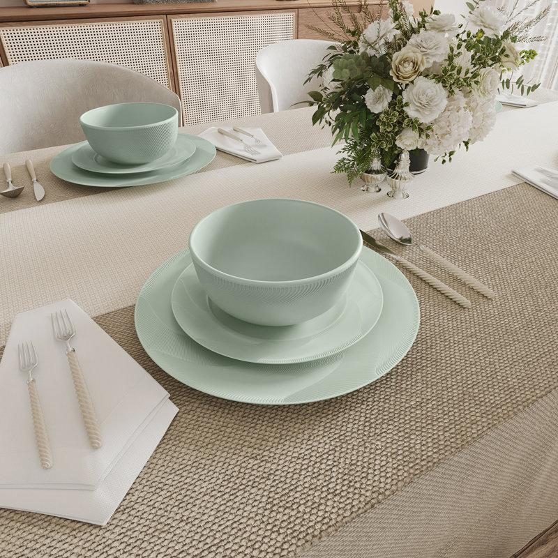  12-piece Green Embossed Mesh Bone China Dinnerware With Lightweight Durable Chip Resistant Design Service For 4