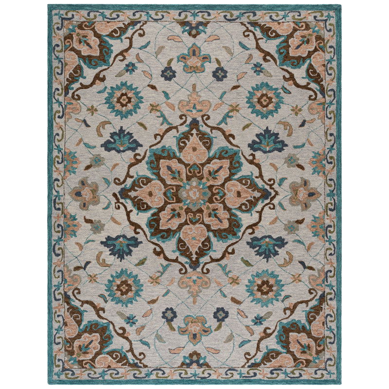 Kardell Blossom Hand Tufted Wool Cotton Floral Rug in Blue/Beige, Rectangle 8' x 10'