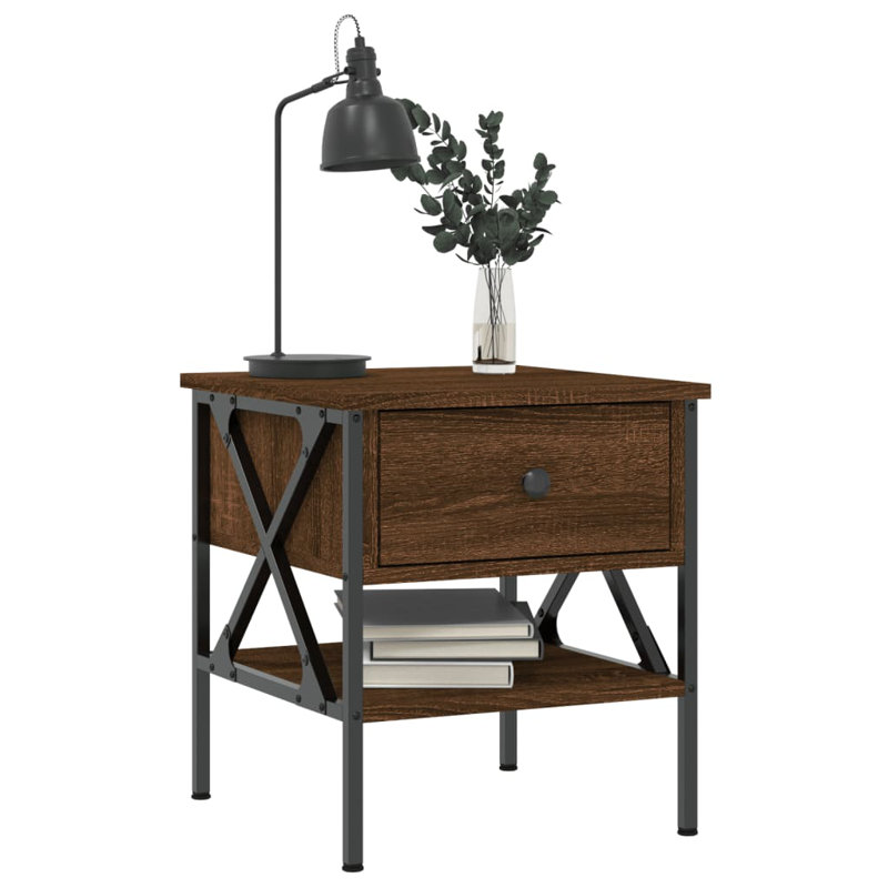 Tahnaout 40cm W Iron Bedside Table, Brown Oak, Set of 2