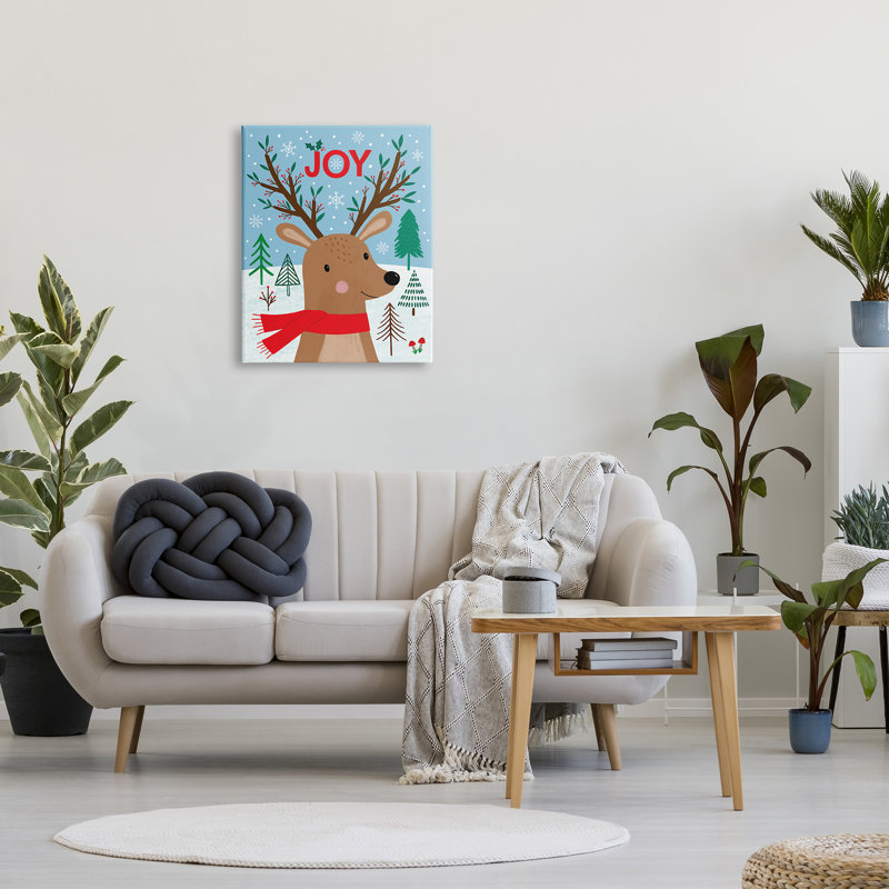 «Red Holly Reindeer Winter Forest Joy Typographie» par Nina Seven - impression sur toile, Toile tendue, H 30 po x l 24 po
