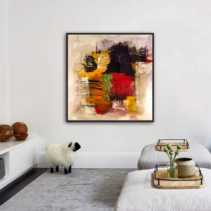 Effet texturé, peinture rouge, jaune, mauve, champ, abstrait, formes, art moderne, coloré, H 16 po x l 16 po x P 1,5 po, Noir