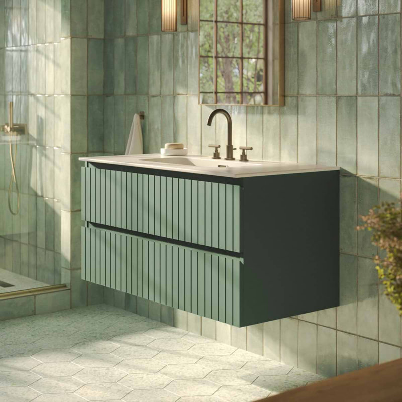 Meuble-lavabo simple flottant cannelé Adden, Vert forêt, 42" W