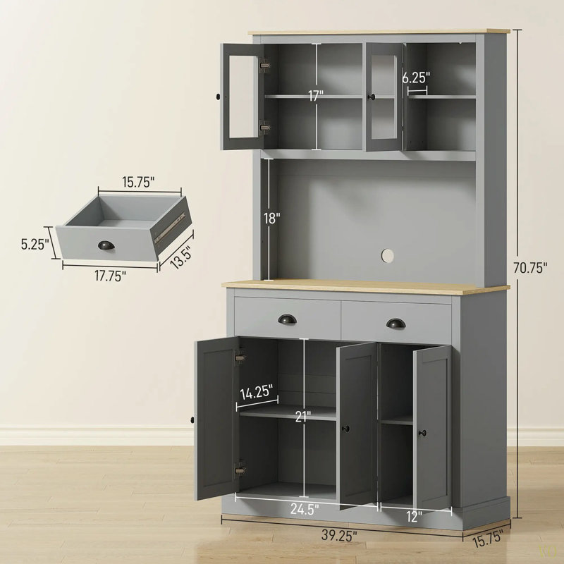 Armoire de cuisine autoportante de 71 po de hauteur, Gris
