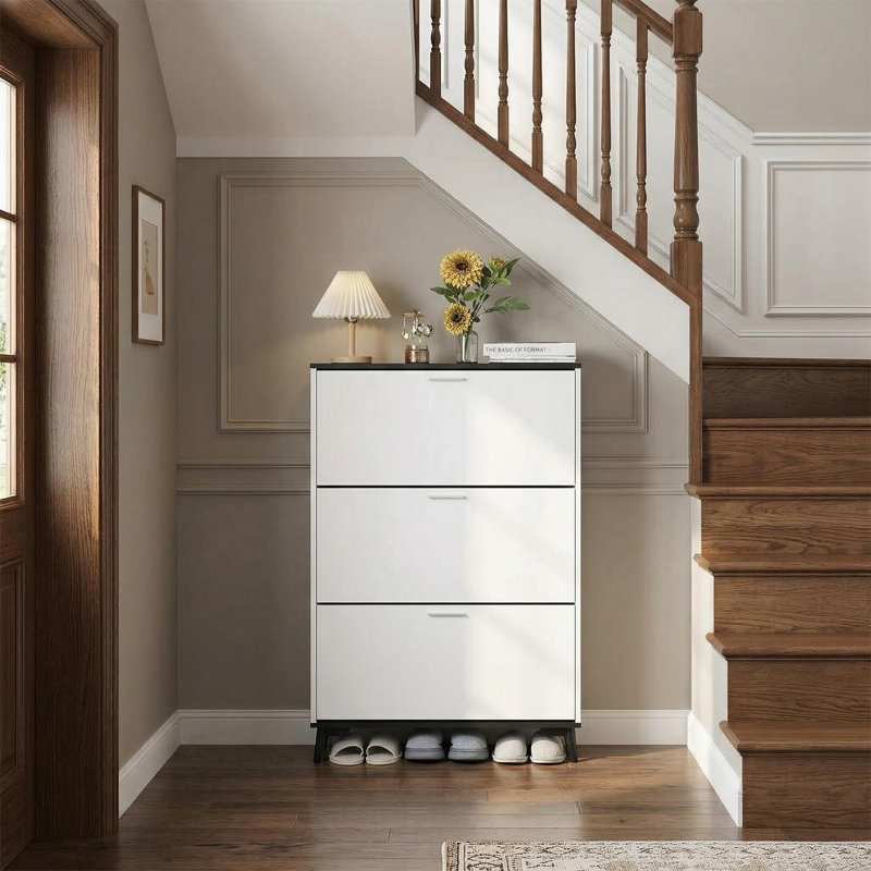 Modern White Shoe Storage Cabinet with 3 Flip Drawers, Slim Wooden Shoe Organizer, Space-Saving Entryway Cabinet for Hallways, Closets, Apartments, Easy to Assemble