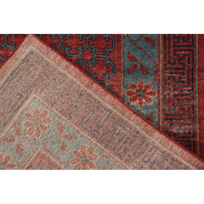 Distressed Homage Hand Knotted Wool Geometric Area Rug in Blue, Orange, Red, Beige, Brown, Runner 3' x 8'