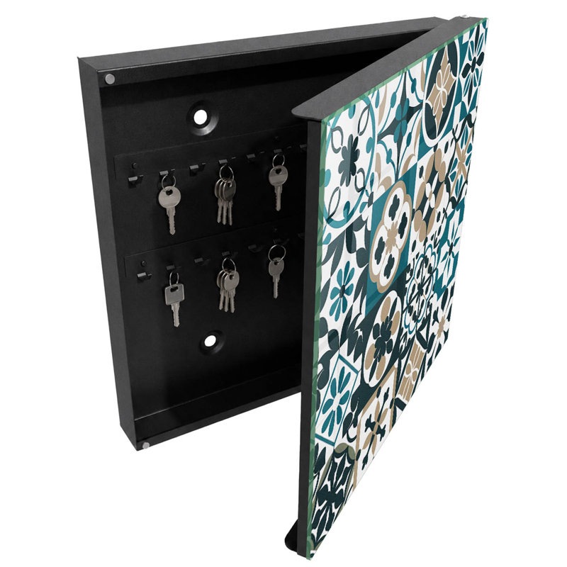 Key storage cabinet, Opens to the right, 30x30x5, Black, Symmetrical Moroccan-style patterns in turquoise and beige, 