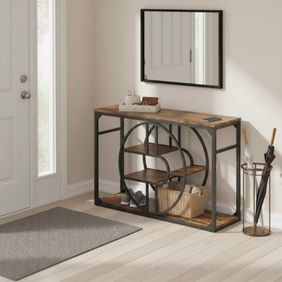 Table de hall d'entrée industrielle de 55 pouces, armoire de rangement à 5 niveaux avec cadre en forme de o, console à cadre PB, armoire à étagère ouverte rustique pour vestibule, couloir, salon