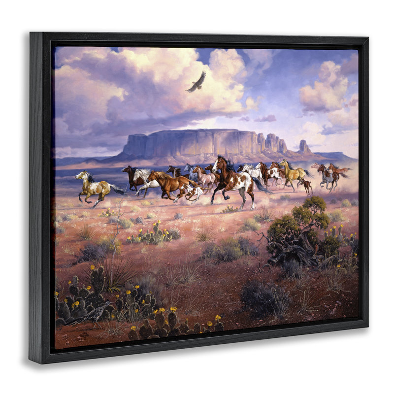 «Western Canyon Horse Stampede», art mural encadré doré sur toile, design par Jack Sorenson, H 25 po x l 31 po