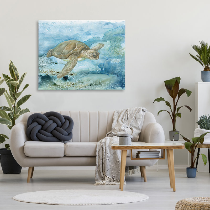 Tortue de mer moderne sur toile par Leslie Trimbach, peinture, H 36 po x l 48 po x P 1,5 po