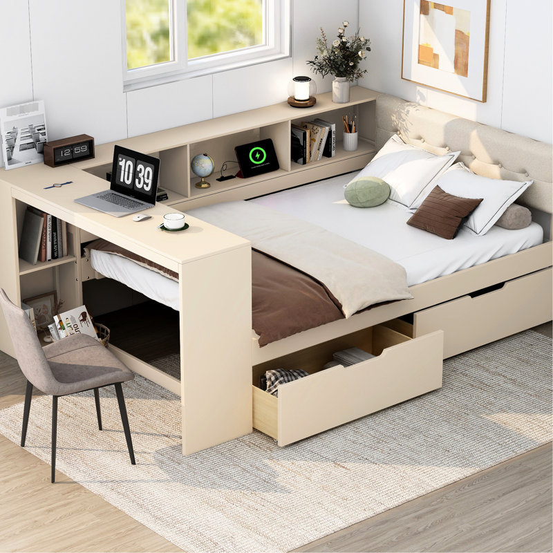 Lit plateforme avec rangement, tête de lit tapissier, charge et tiroirs en bois crème, tête de lit avec rangement, Lit double