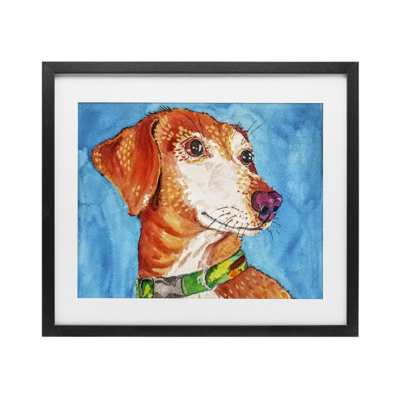 «Bold Orange Dog» sur fond bleu, reproduction sous verre, conception de Tatiana Roberts, H 13 po x l 16 po, Cadre noir minuit