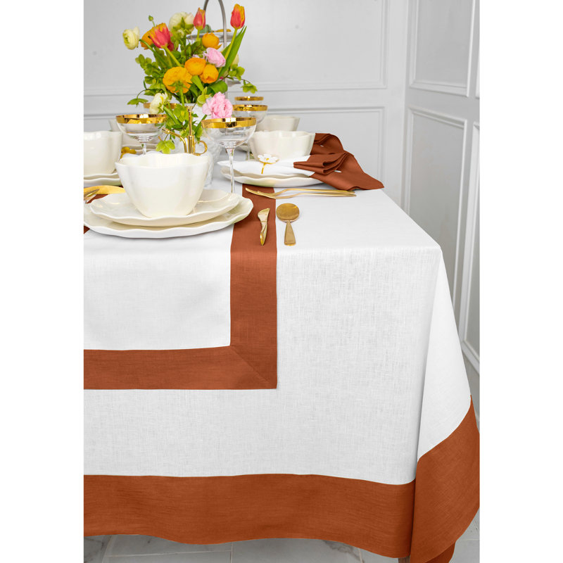Contempo - 100% Pure Linen Tablecloth, 120" x 60", Cinnamon/White